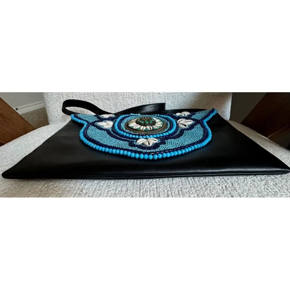 Shoulder Handbag Black with‎ Beaded Art Blue Turquoise Beads Sea Shells Design